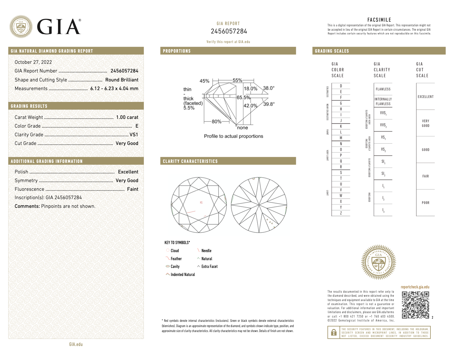 GIA 認證 VS1 淨度天然 1.00 克拉 E 色圓形明亮式切割裸鑽