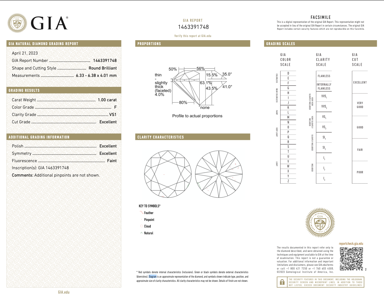 GIA 認證 VS1 淨度天然 1.00 克拉圓形明亮式切割 F 顏色裸鑽