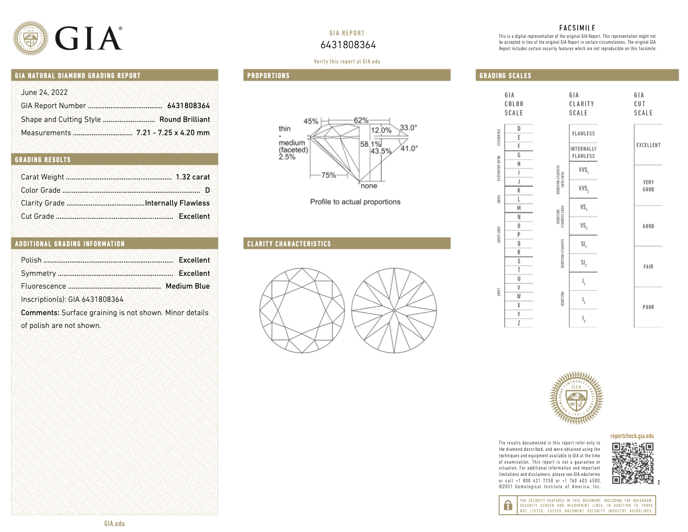 GIA 認證 IF 淨度天然 1.32 克拉圓形明亮式切割 D 色裸鑽