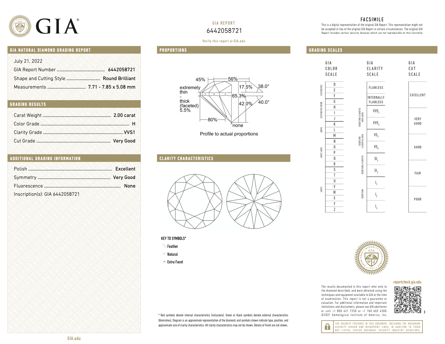 GIA 認證 VVS1 淨度天然 2.00 克拉圓形明亮式切割 H 顏色裸鑽