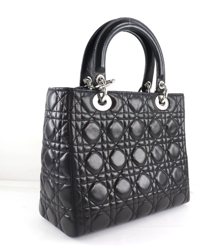 Lady Dior medium size black lambskin handbag with a long strap