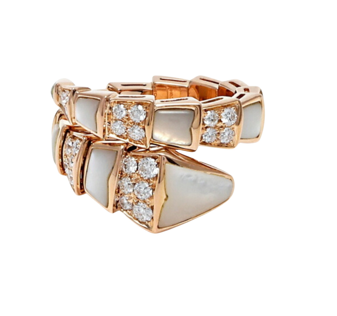 Pre-owned Bvlgari 18k rose gold Serpenti Viper one-coil ring with diamonds and mother of pearl