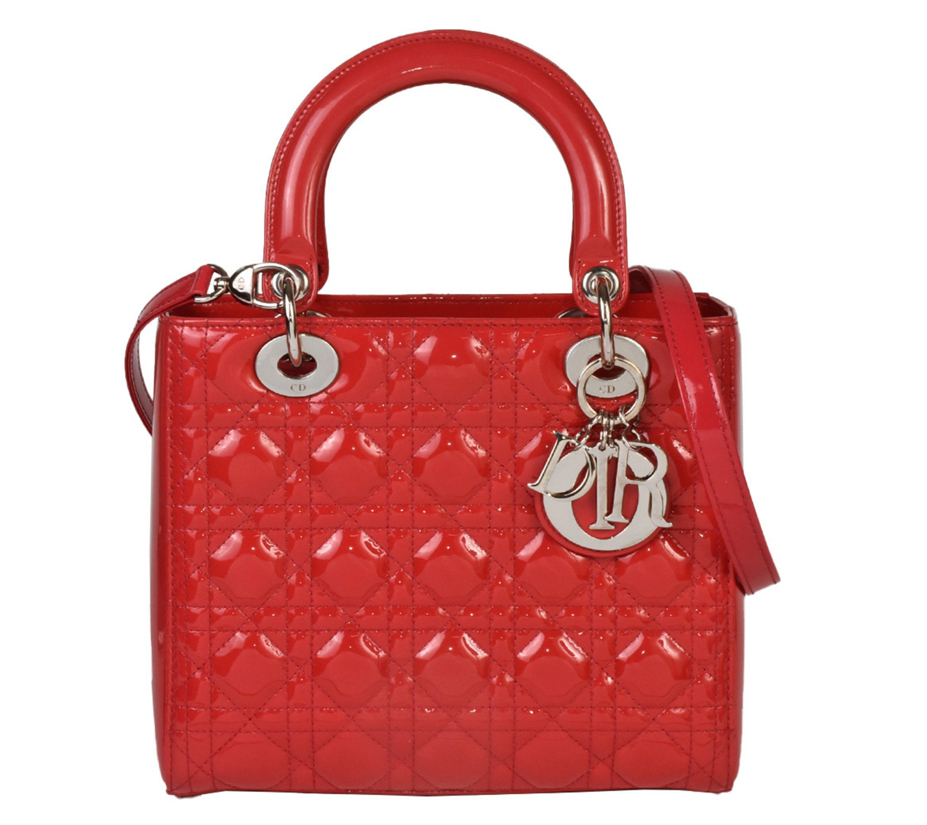 Lady Dior en piel de becerro Cannage charol roja con bandolera