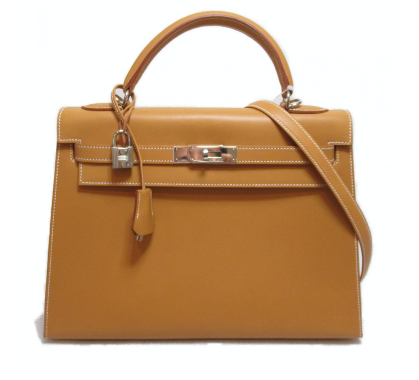 Hermés Kelly 32cm Gold Epsom Sellier handbag with shoulder strap, lock, keys, clochette, dust bag, and box