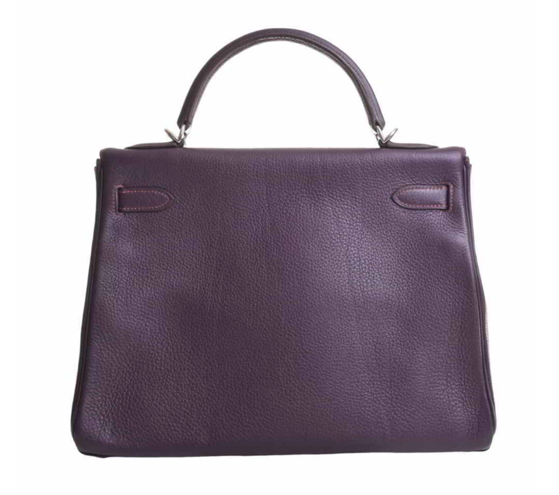 Hermes Kelly 32 violet Clemence leather handbag with box and accessories