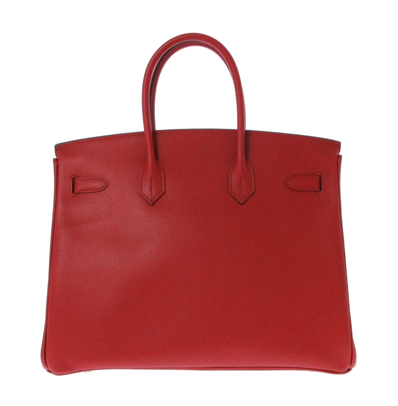 愛馬仕 BIRKIN 35 公分紅色皮革手提包，附防塵袋、CADENA（附鑰匙）和鐘形布