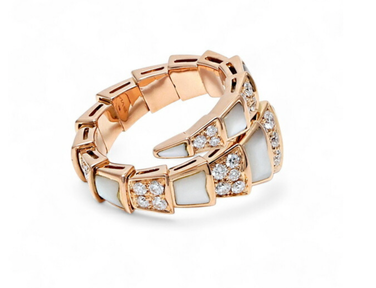 Pre-owned Bvlgari 18k rose gold Serpenti Viper one-coil ring with diamonds and mother of pearl