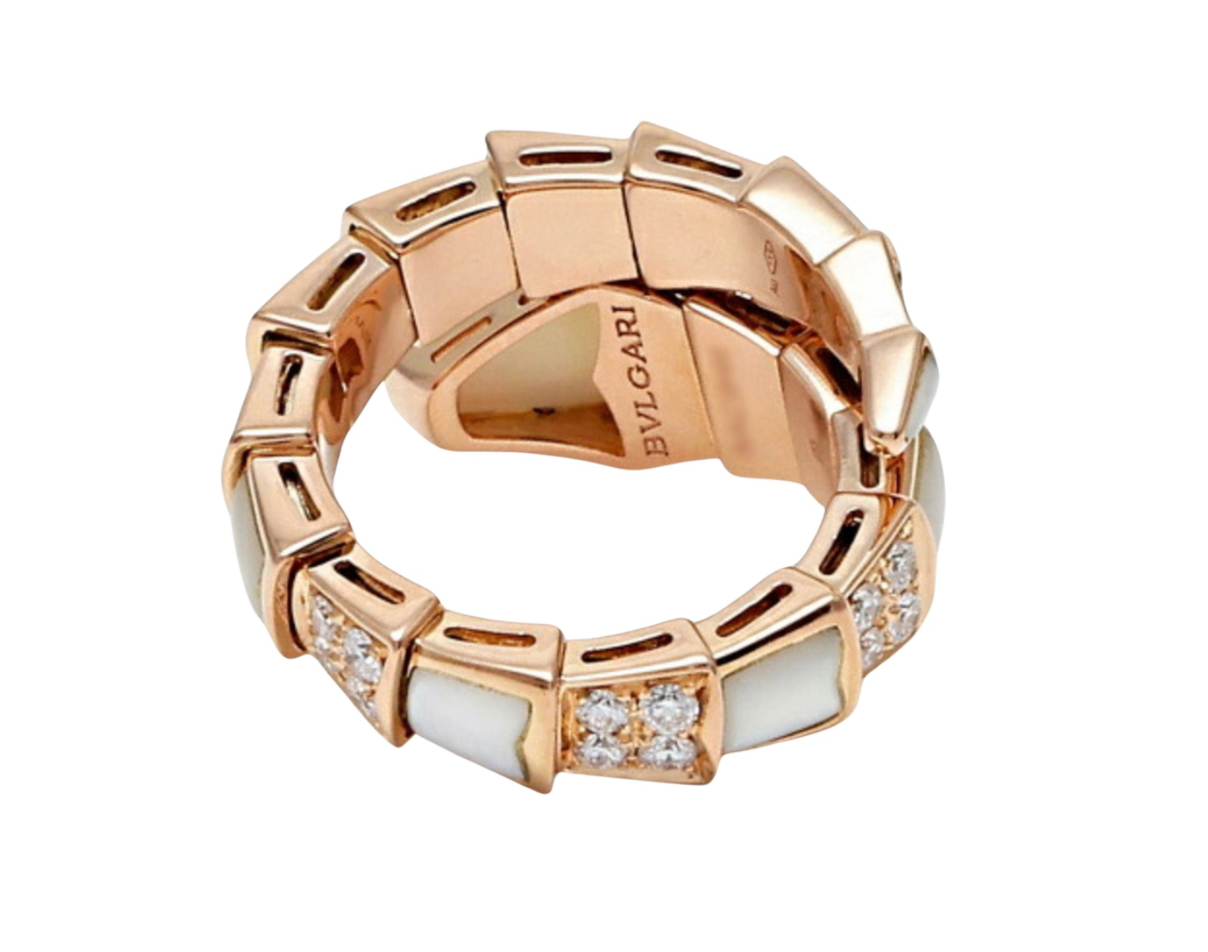 Pre-owned Bvlgari 18k rose gold Serpenti Viper one-coil ring with diamonds and mother of pearl