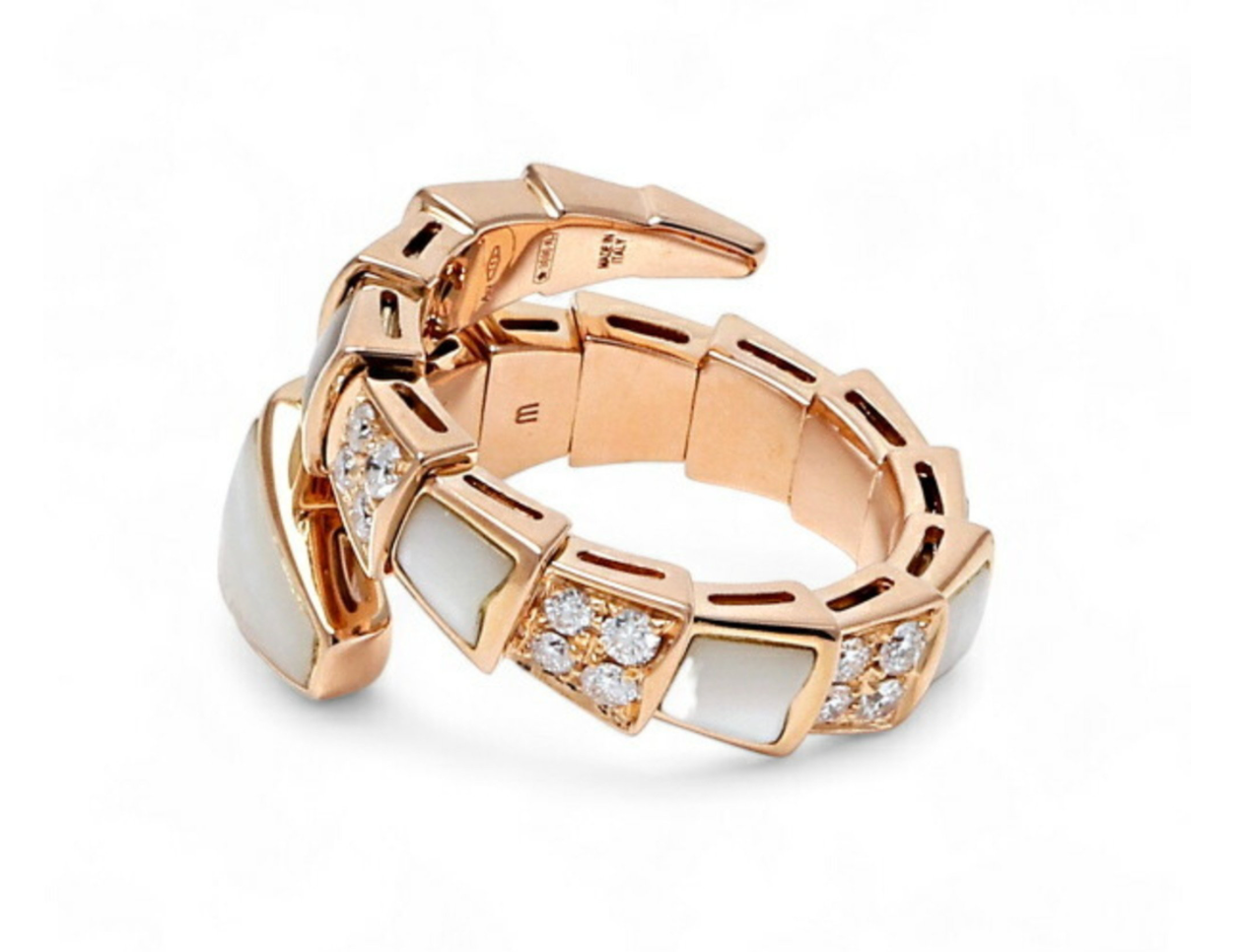 Pre-owned Bvlgari 18k rose gold Serpenti Viper one-coil ring with diamonds and mother of pearl