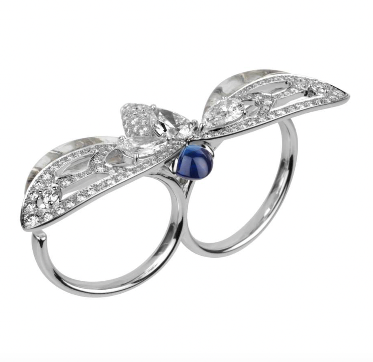 Limited edition Boucheron Cicada 18k white gold ring set with diamonds and oval cabochon sapphire