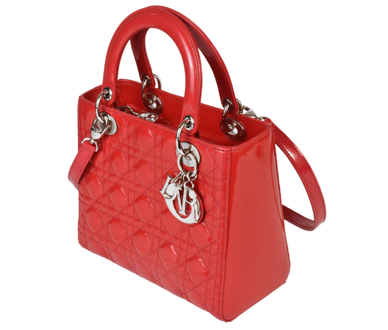 Lady Dior in Red Patent Cannage Calfskin with a shoulder strap