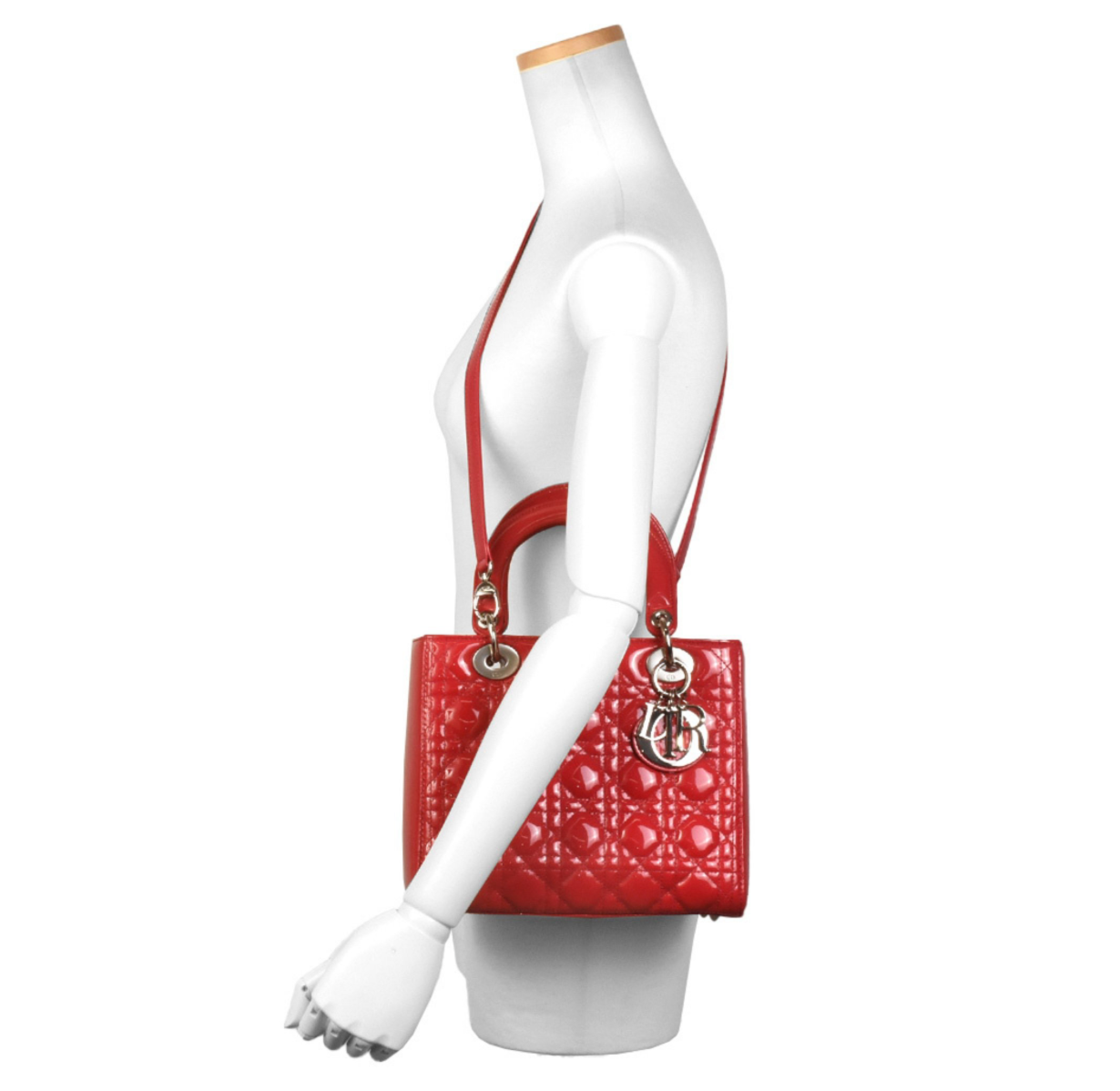 Lady Dior in Red Patent Cannage Calfskin with a shoulder strap