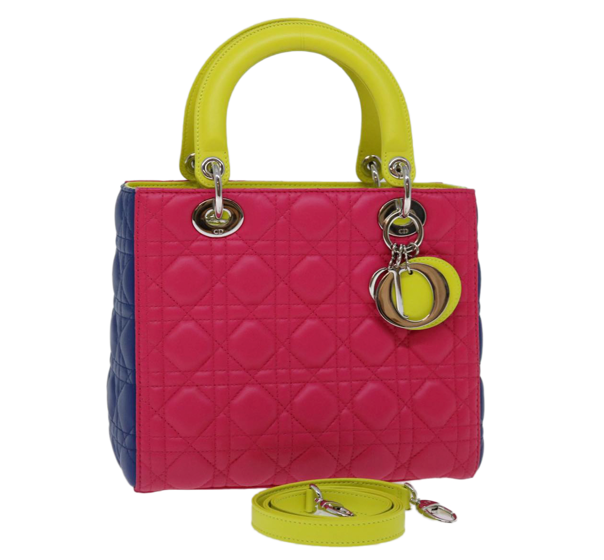 預先擁有的2013 Lady Dior手提包，由粉紅色，深紫色和霓虹綠色connage Design製作的彩色皮革製成