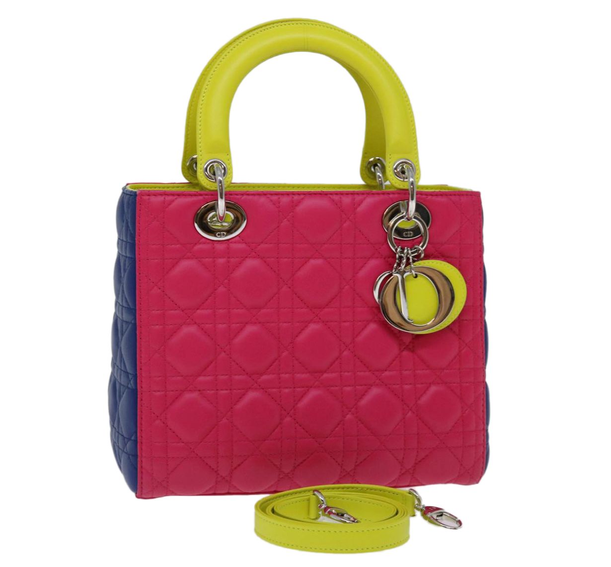 Bolso de Lady Dior de 2013, hecha a mano de cuero multicolor en rosa, morado oscuro y diseño de cannage verde neón