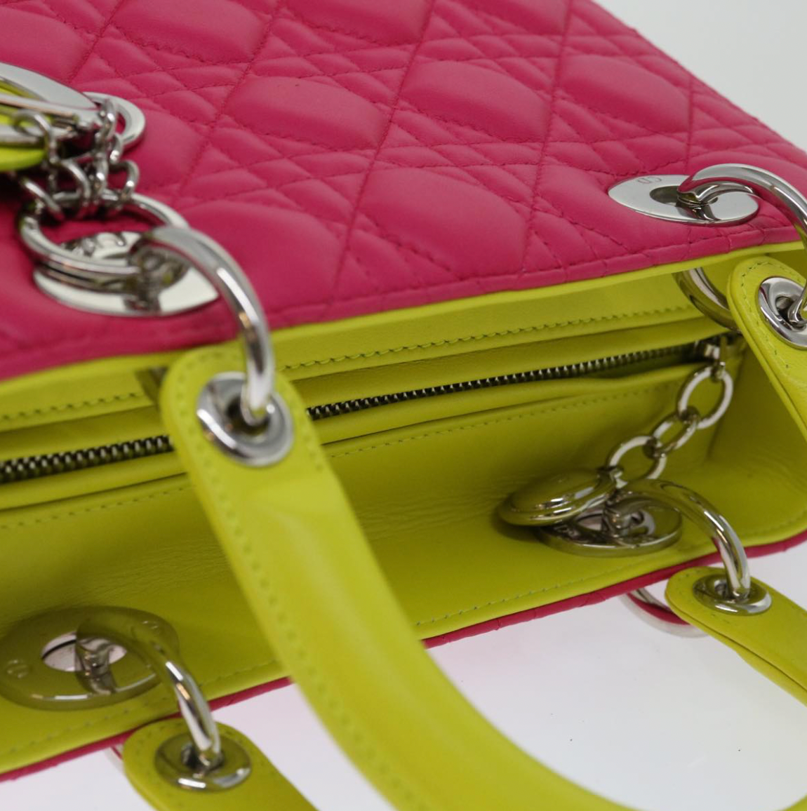 Pre-owned 2013 Lady Dior handbag crafted from multicoloured leather in pink, dark purple, and neon green cannage