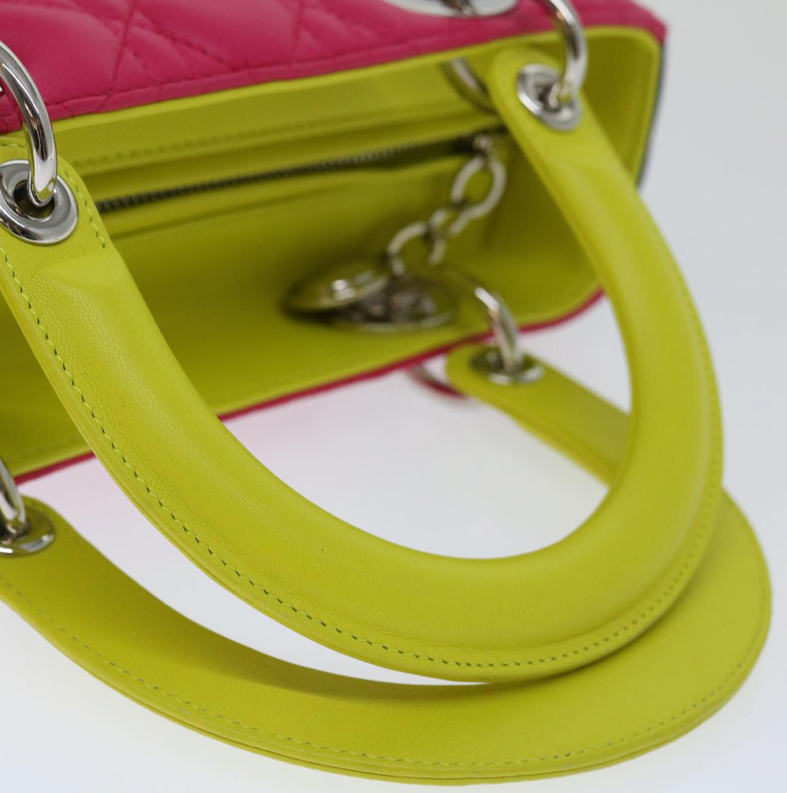 Pre-owned 2013 Lady Dior handbag crafted from multicoloured leather in pink, dark purple, and neon green cannage