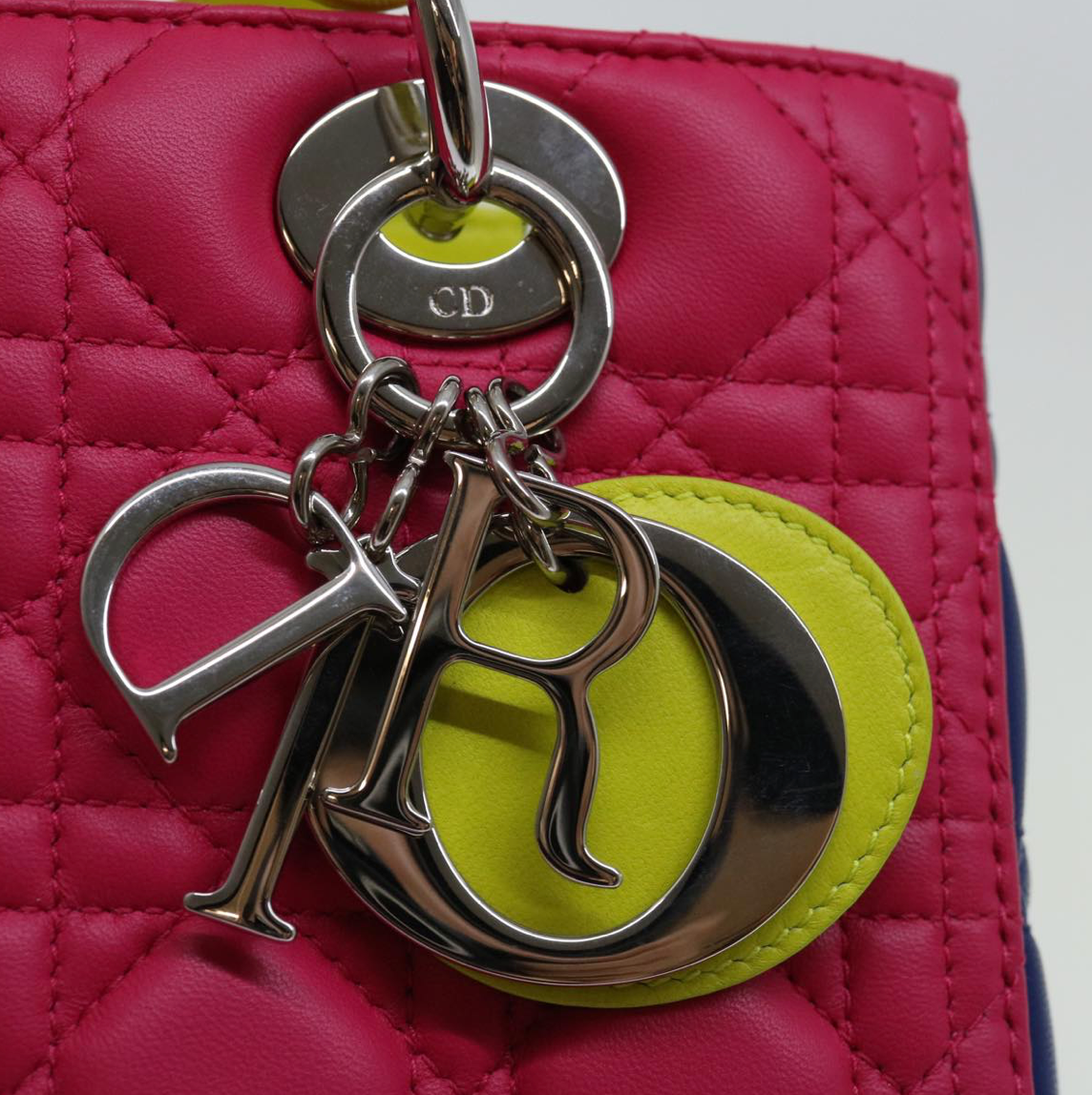 Pre-owned 2013 Lady Dior handbag crafted from multicoloured leather in pink, dark purple, and neon green cannage