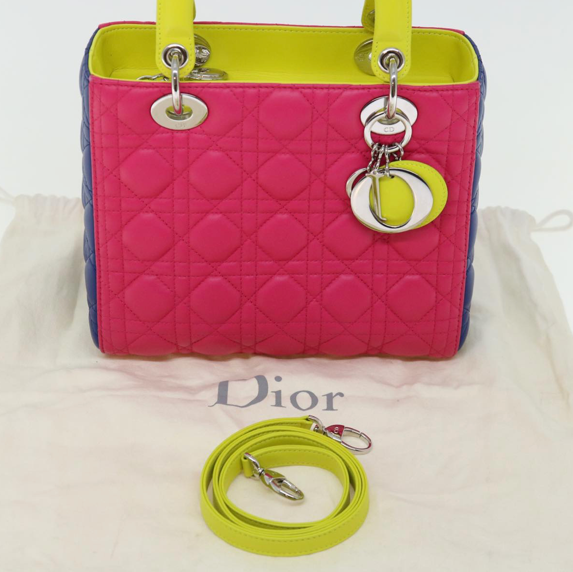 Pre-owned 2013 Lady Dior handbag crafted from multicoloured leather in pink, dark purple, and neon green cannage