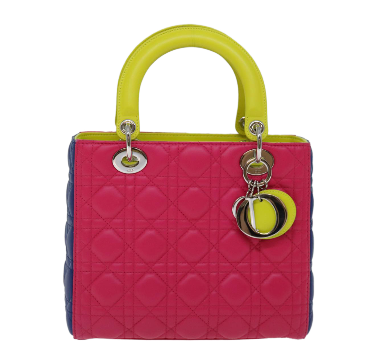 Pre-owned 2013 Lady Dior handbag crafted from multicoloured leather in pink, dark purple, and neon green cannage