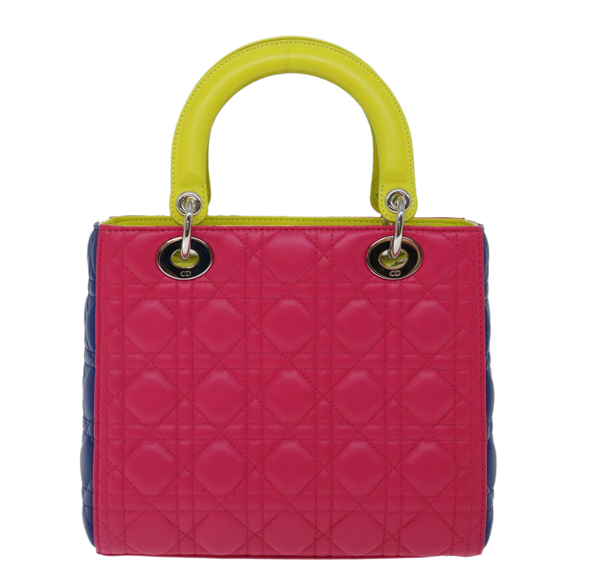 Pre-owned 2013 Lady Dior handbag crafted from multicoloured leather in pink, dark purple, and neon green cannage