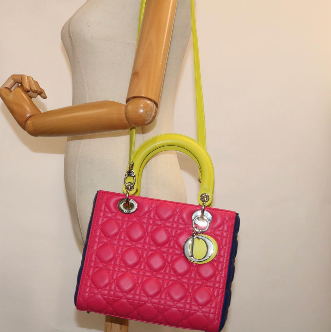 Pre-owned 2013 Lady Dior handbag crafted from multicoloured leather in pink, dark purple, and neon green cannage