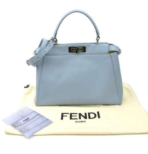 Pre-owned medium Fendi Peekaboo handbag of light blue leather and silver hardware with a long strap