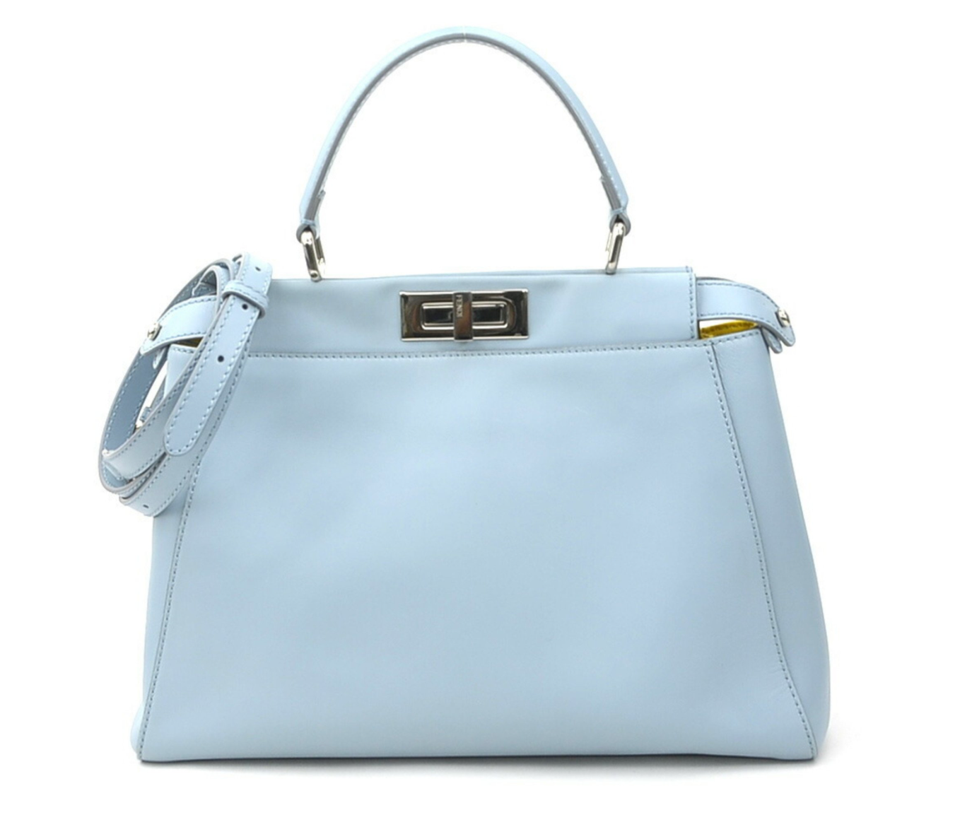 Pre-owned medium Fendi Peekaboo handbag of light blue leather and silver hardware with a long strap