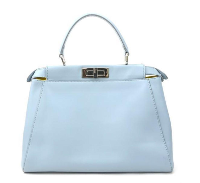 Pre-owned medium Fendi Peekaboo handbag of light blue leather and silver hardware with a long strap