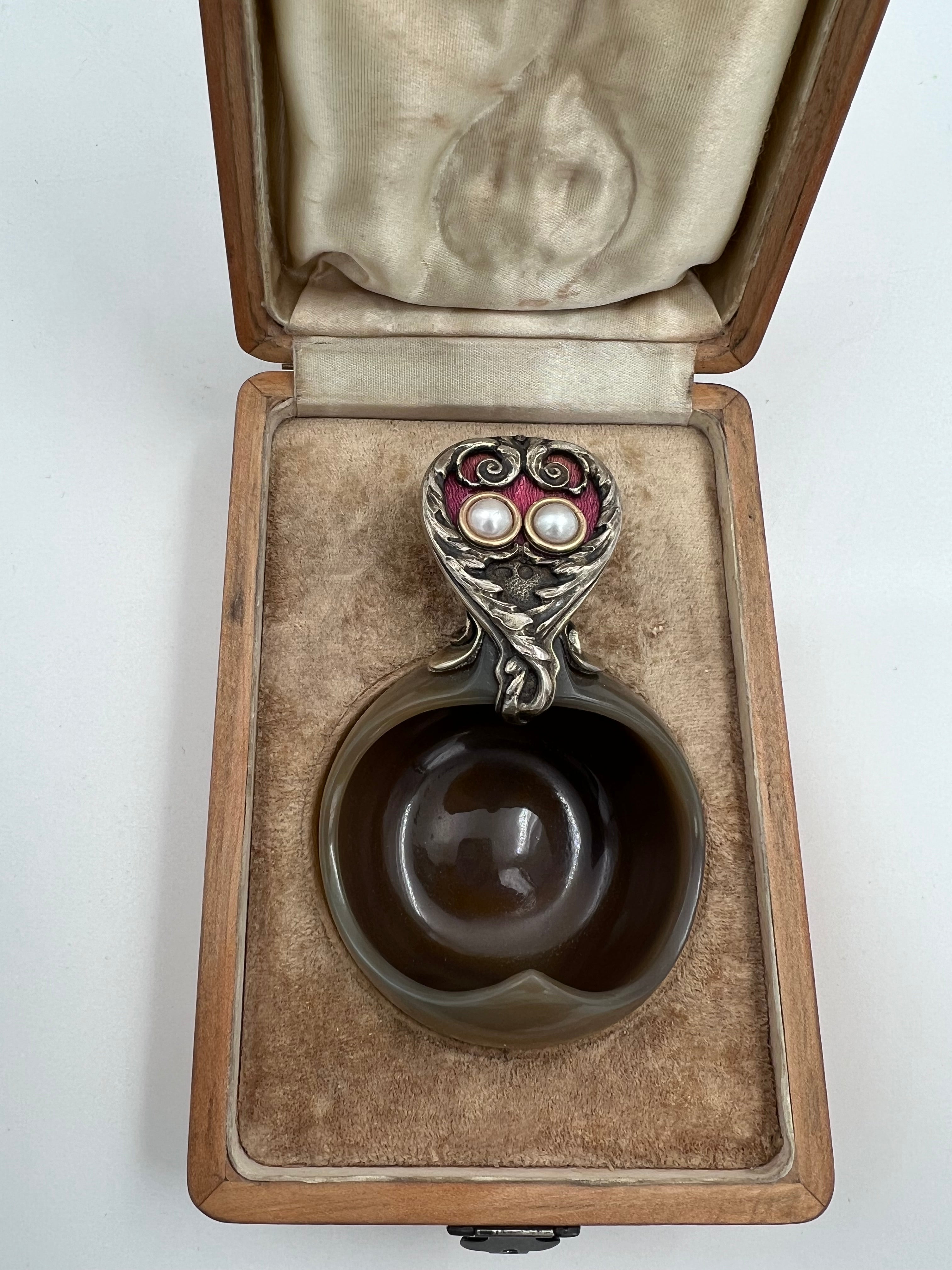 Fabergé petite agate ladle with a silver handle adorned with guilloché enamel and two pearls