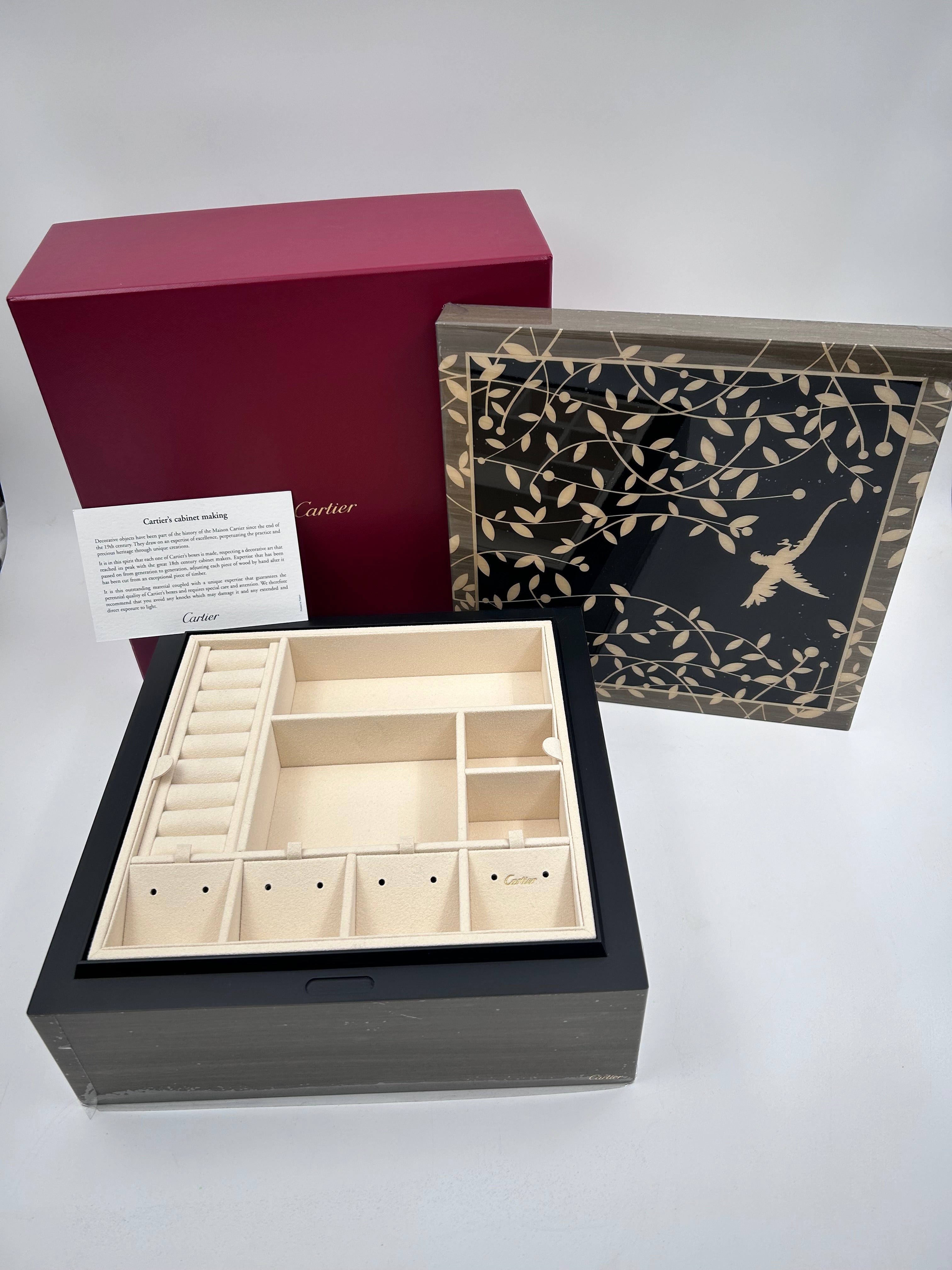 Cartier limited edition jewellery box made of cedar and sycamore wood, featuring an inlay of abalone