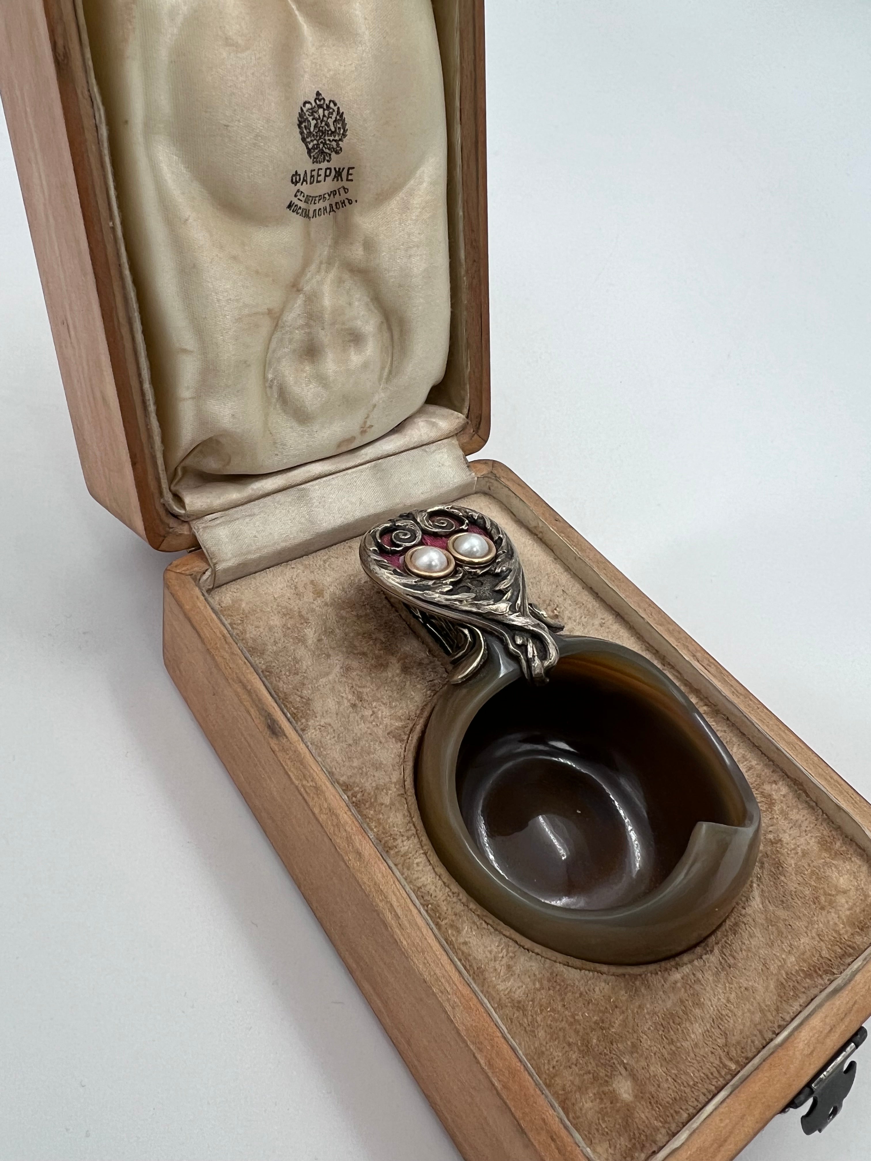 Fabergé petite agate ladle with a silver handle adorned with guilloché enamel and two pearls