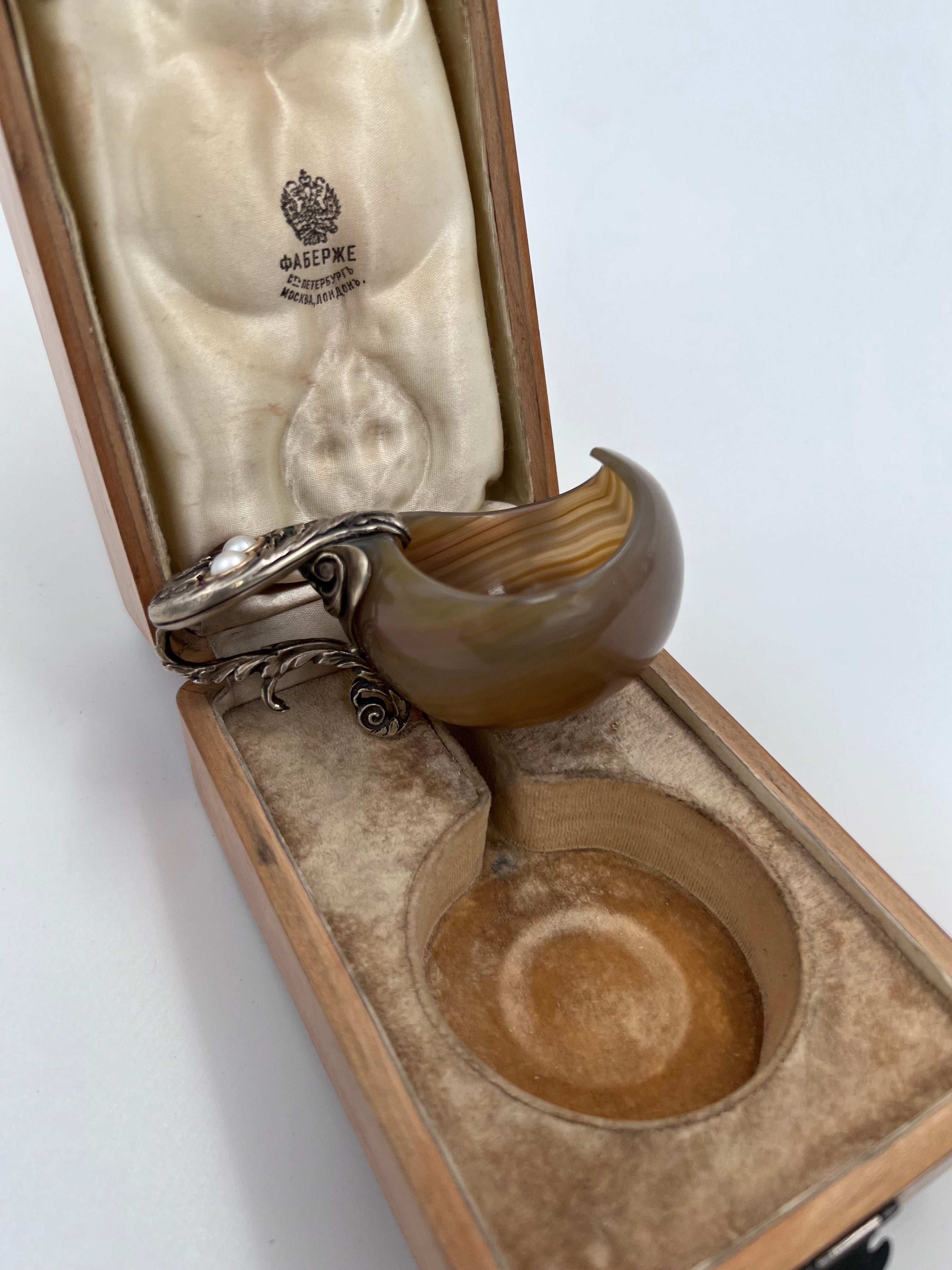 Fabergé petite agate ladle with a silver handle adorned with guilloché enamel and two pearls