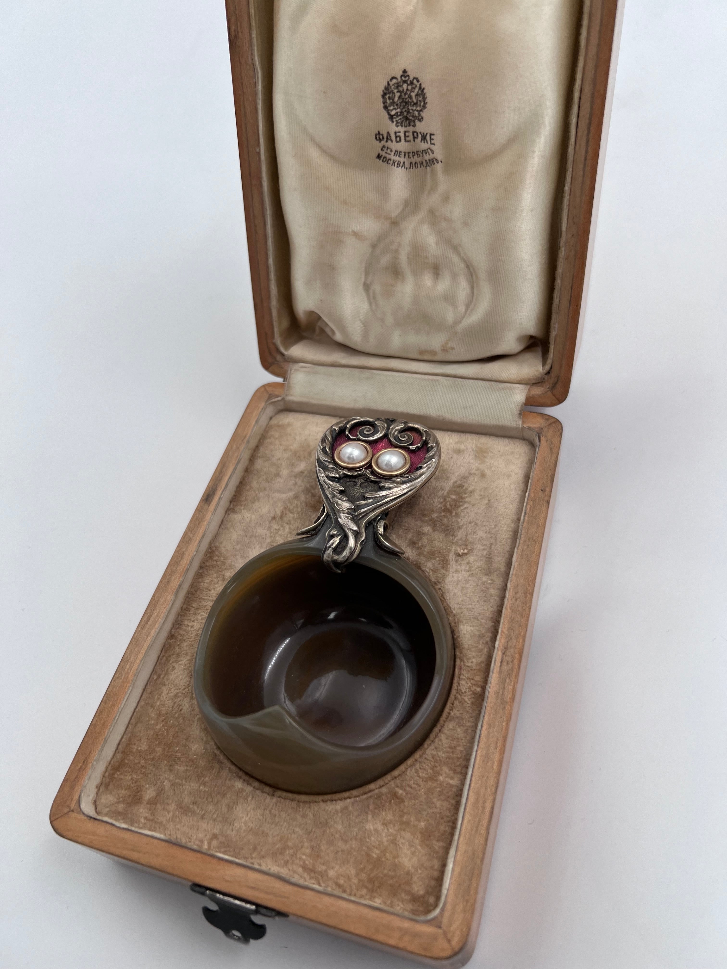 Fabergé petite agate ladle with a silver handle adorned with guilloché enamel and two pearls