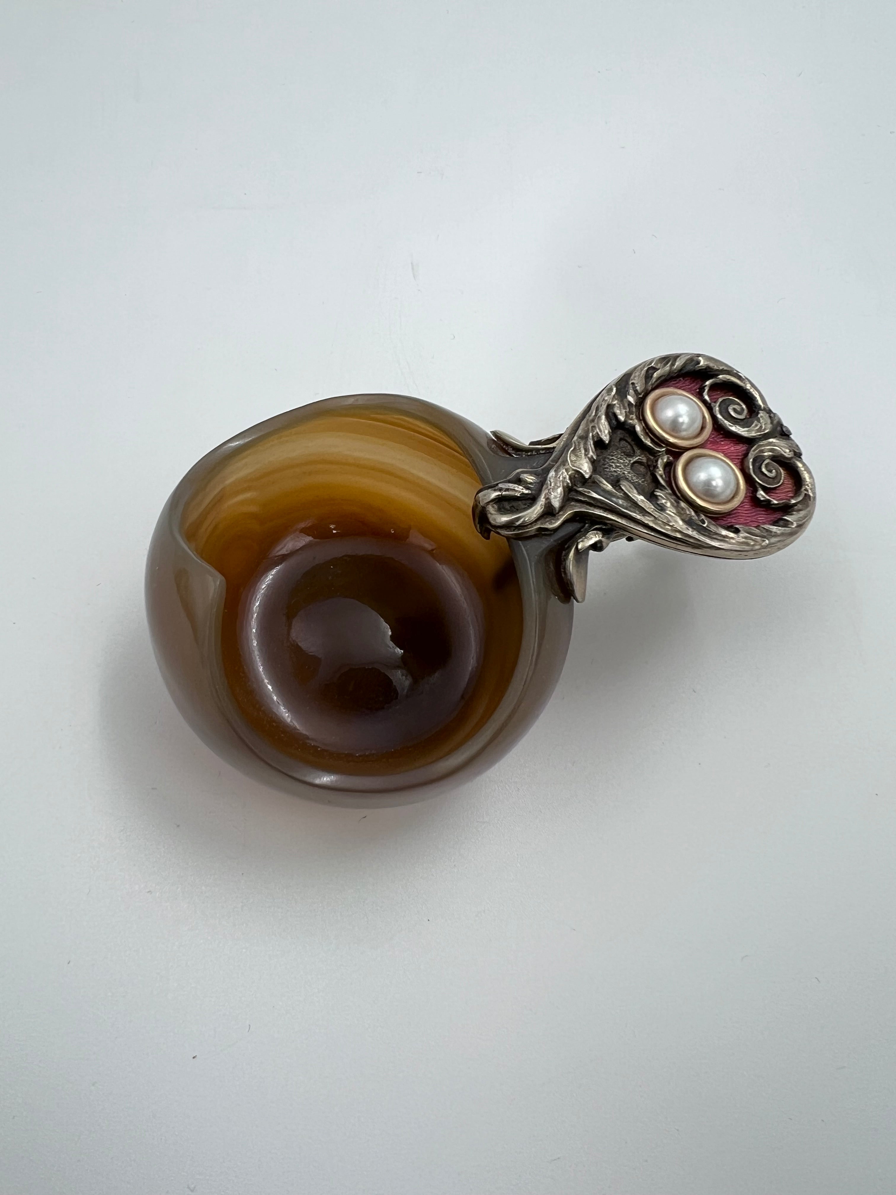 Fabergé petite agate ladle with a silver handle adorned with guilloché enamel and two pearls