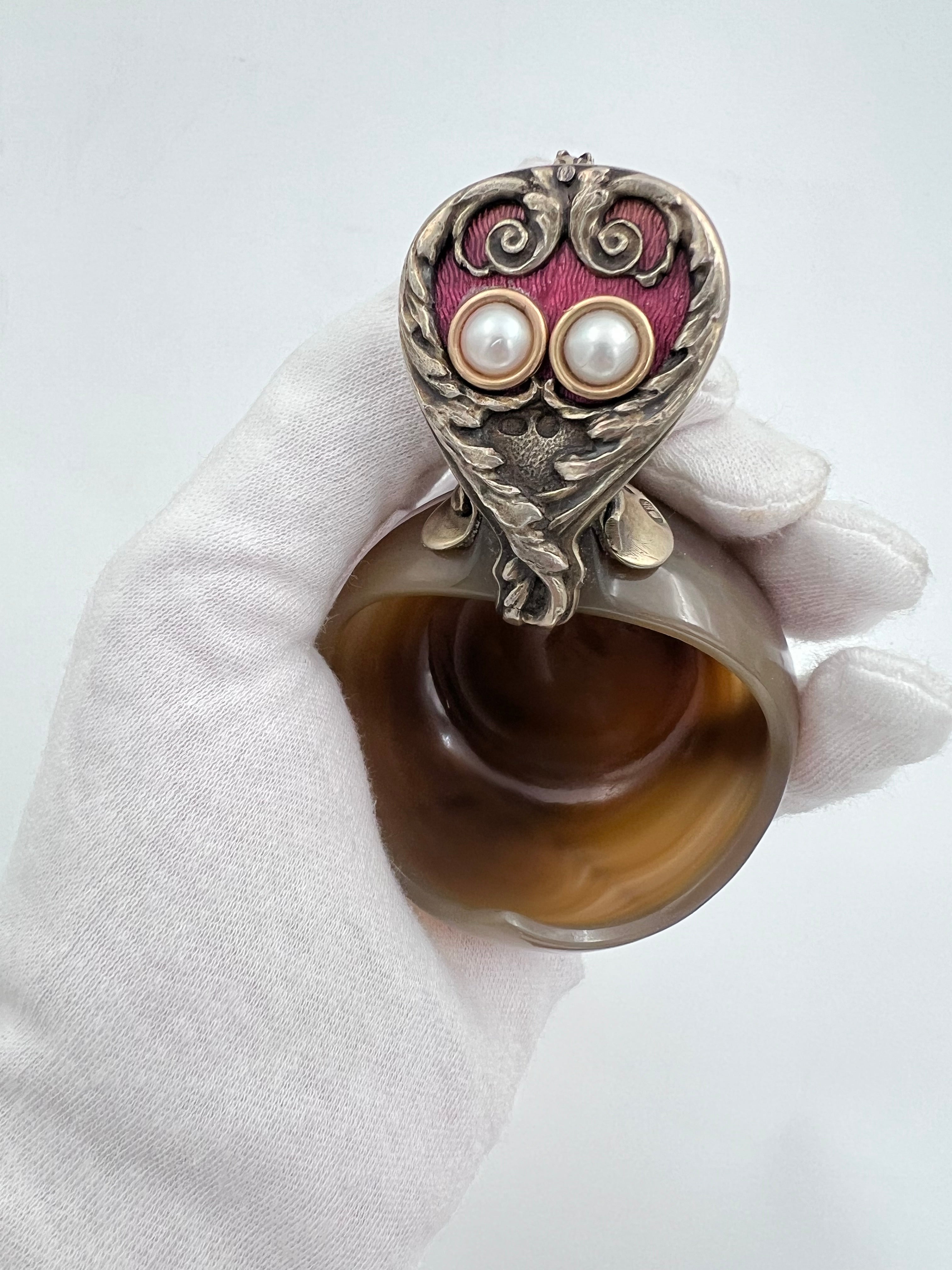 Fabergé petite agate ladle with a silver handle adorned with guilloché enamel and two pearls