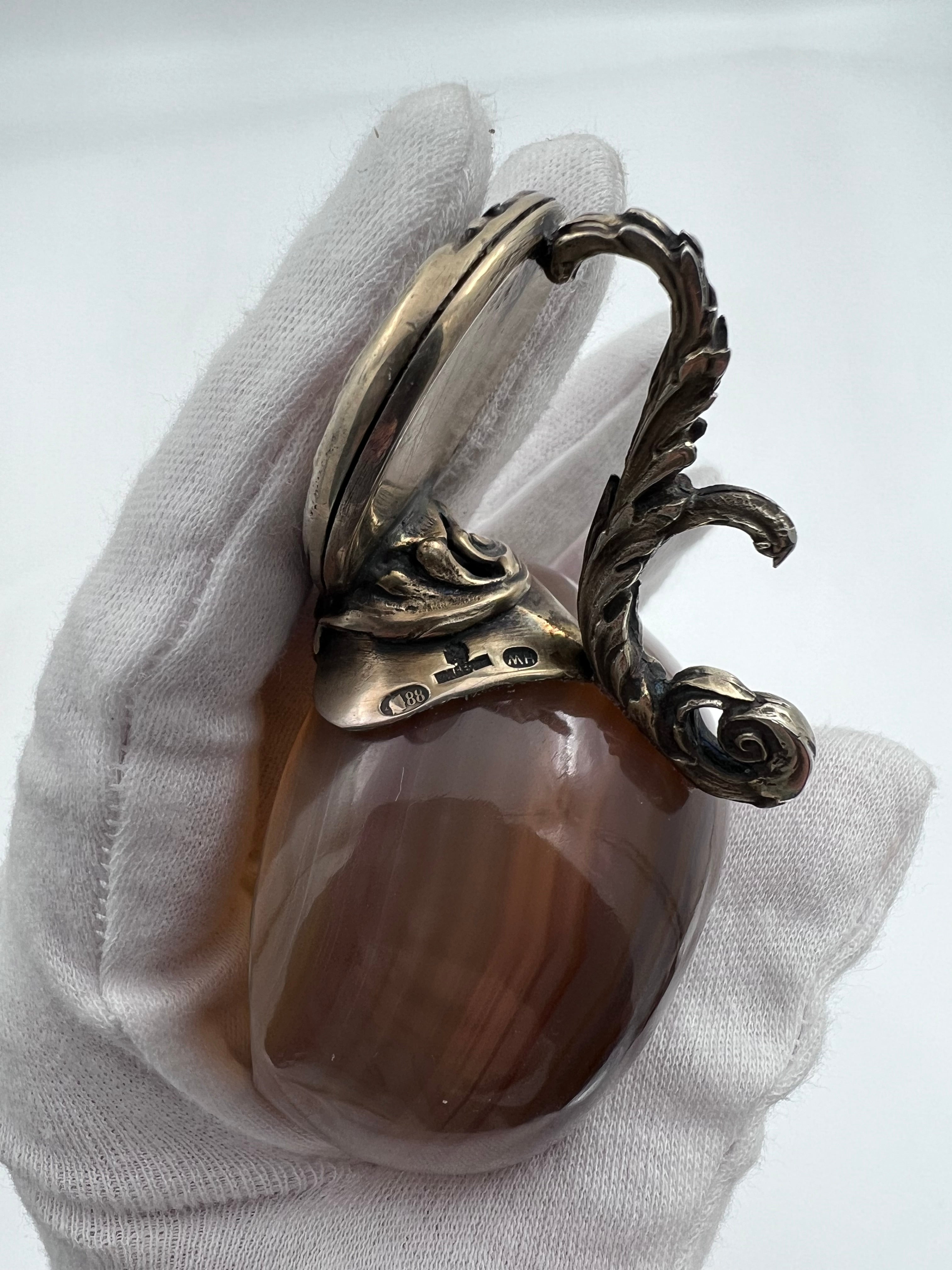 Fabergé petite agate ladle with a silver handle adorned with guilloché enamel and two pearls