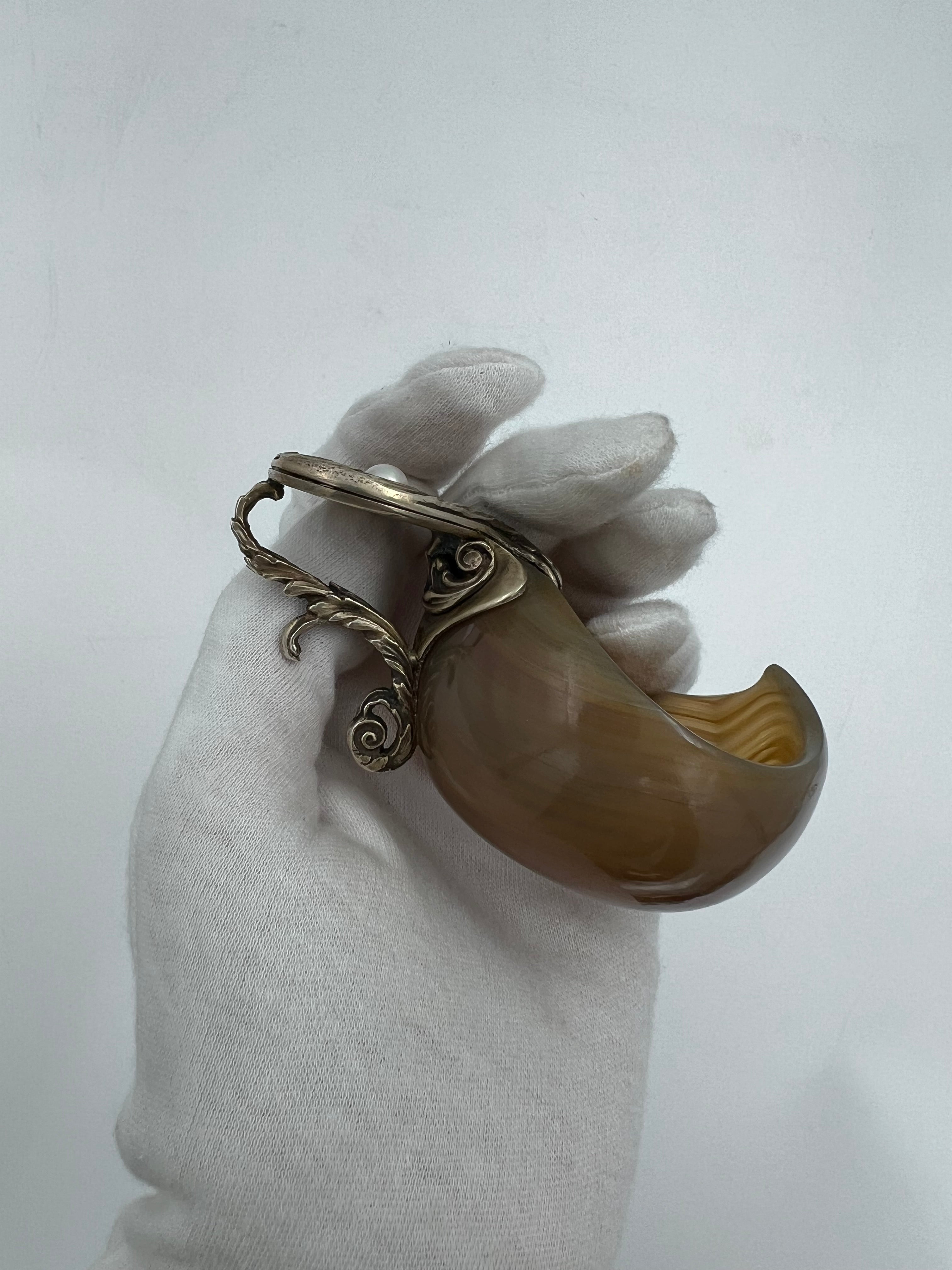 Fabergé petite agate ladle with a silver handle adorned with guilloché enamel and two pearls