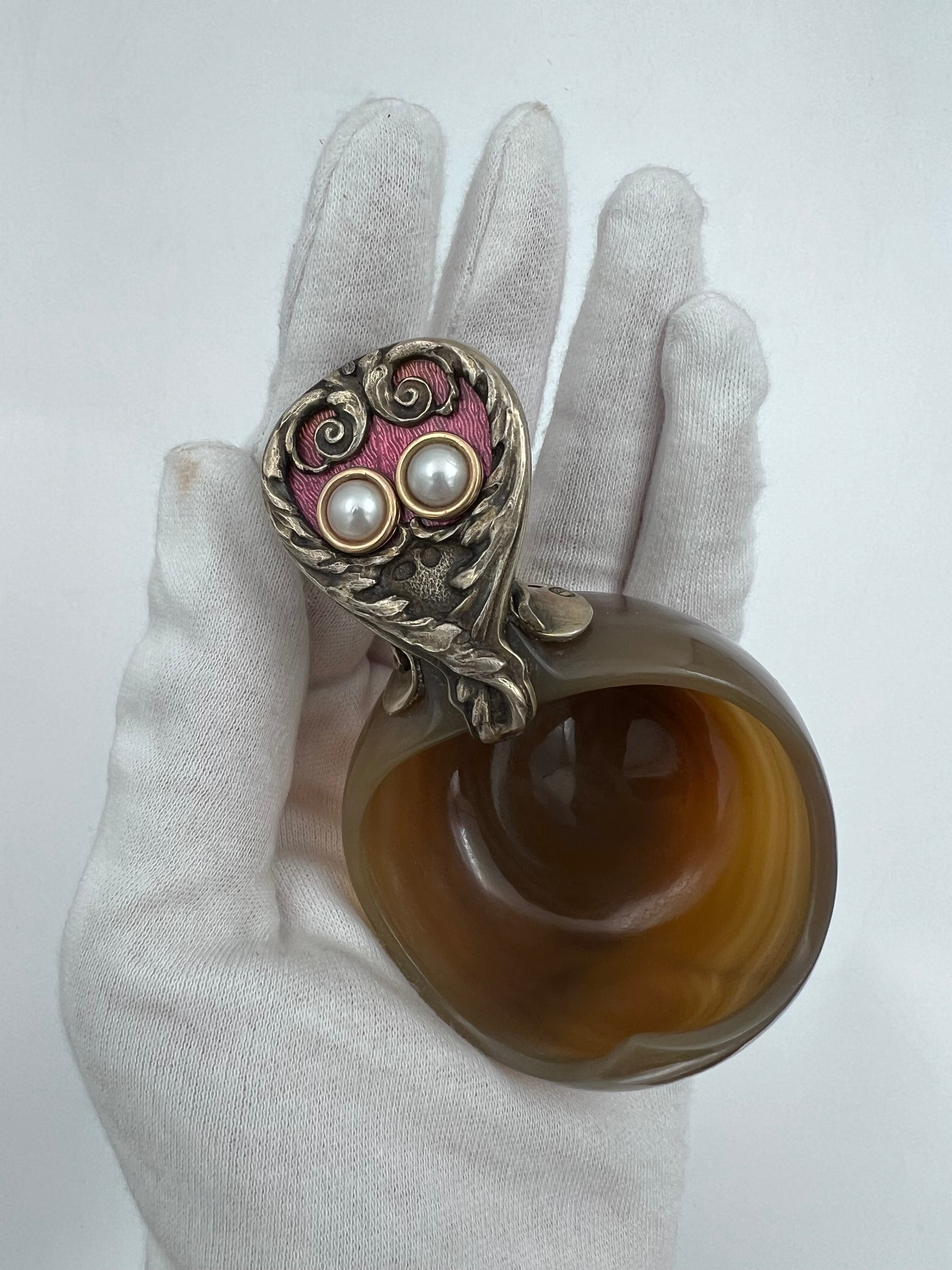 Fabergé petite agate ladle with a silver handle adorned with guilloché enamel and two pearls