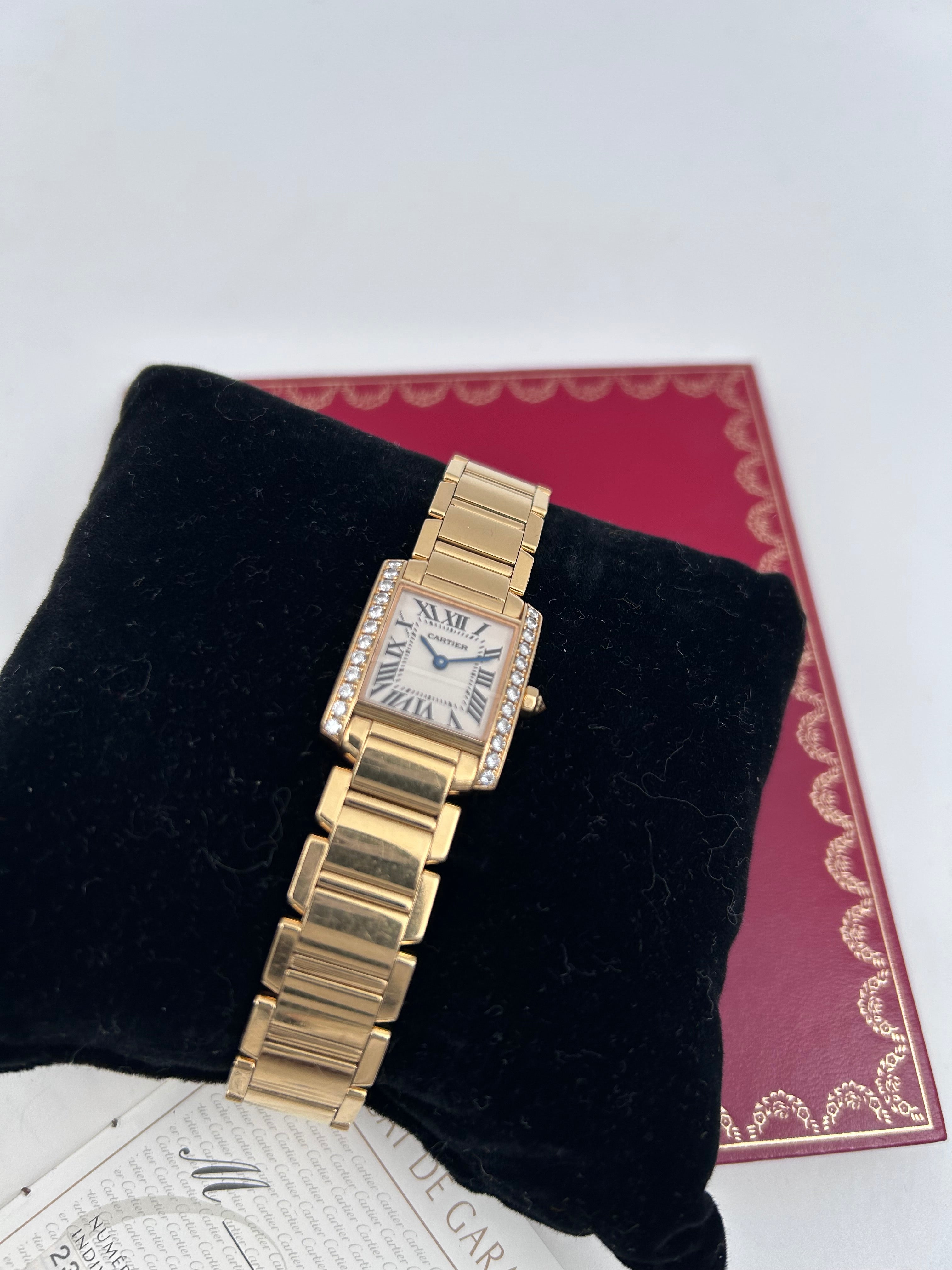 Pre-owned vintage Tank Française watch, small model in 18k yellow gold with diamond bezel