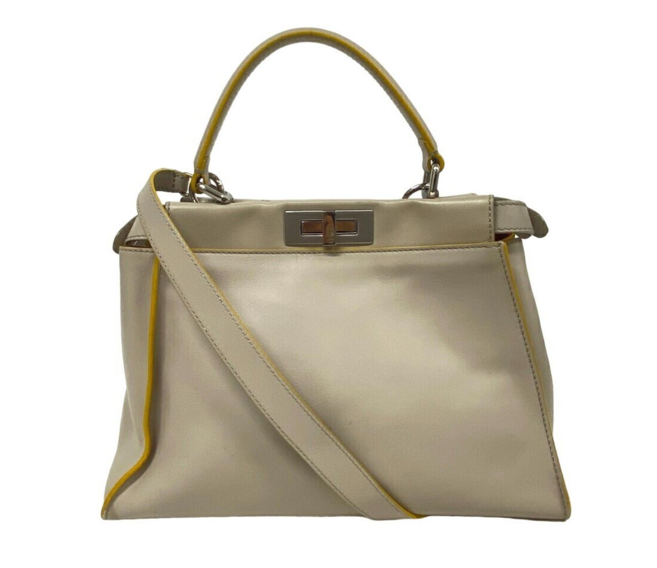 Pre-owned medium sized Peekaboo Fendi handbag, made of light gray leather and yellow trim