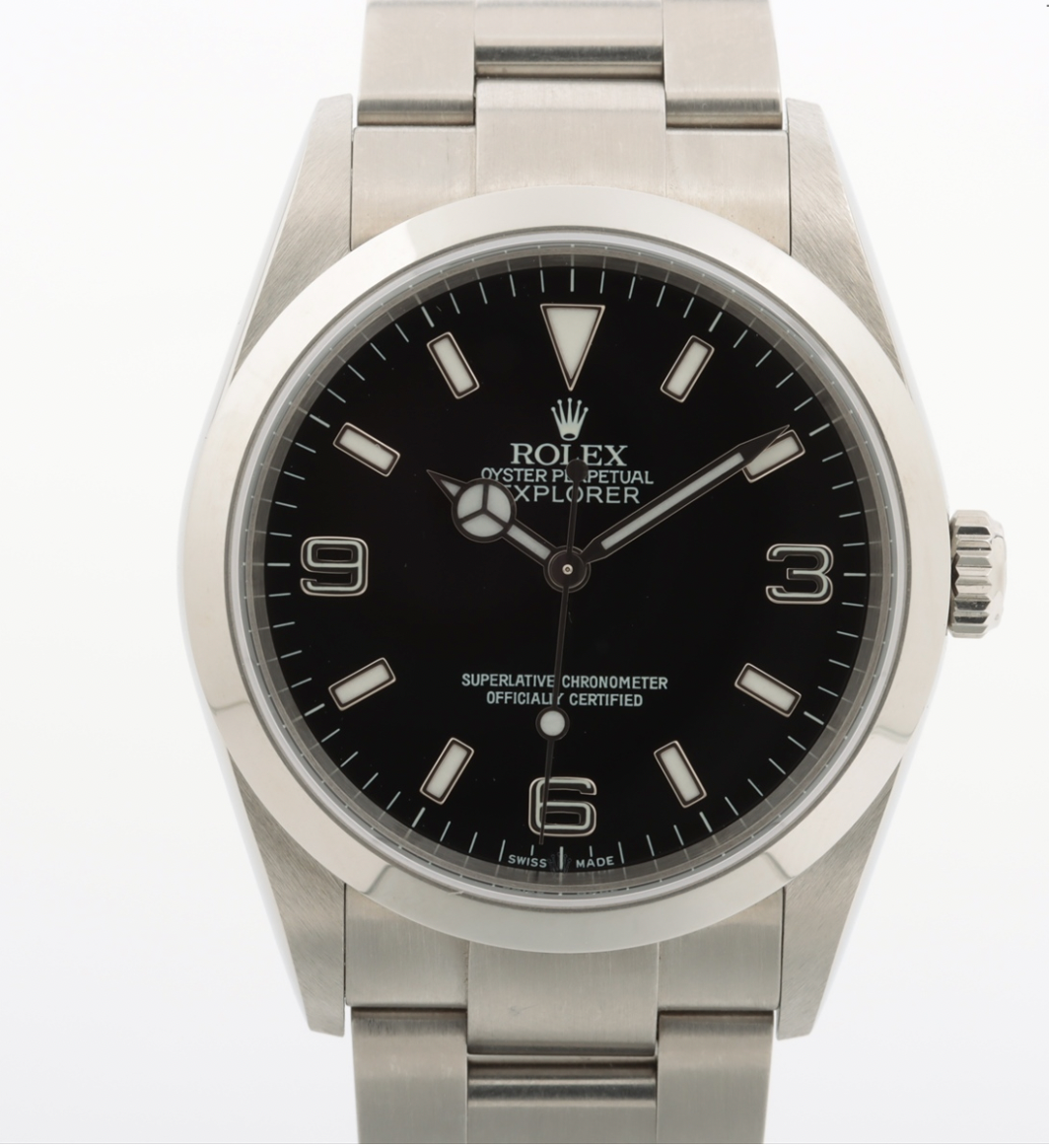 Full set Men's / Unisex stainless steel 36mm  Rolex Explorer with a black dial and Arabic numerals. Ref. No. 14270