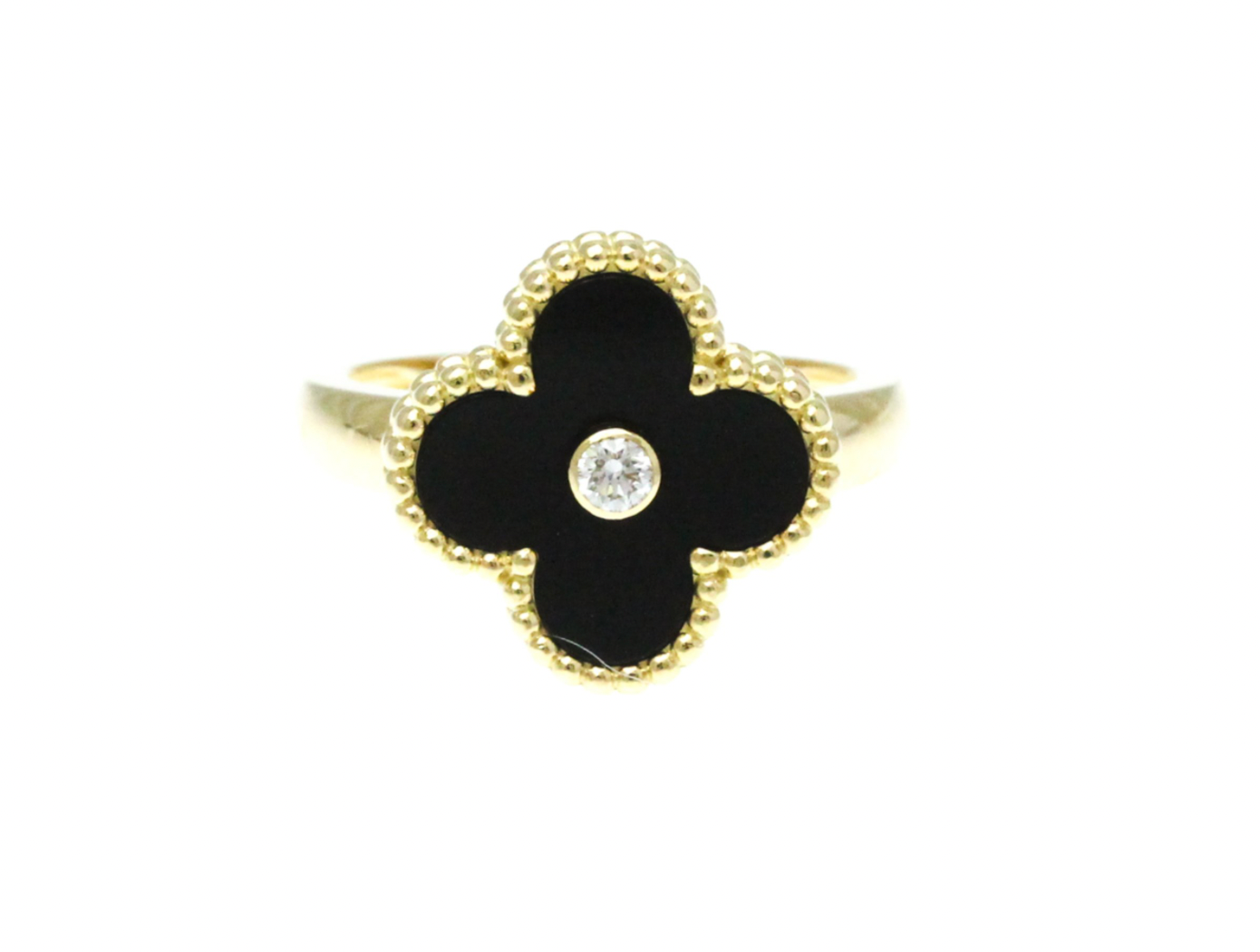Pre-owned Van Cleef & Arpels 18K yellow gold Vintage Alhambra ring with  onyx inlay & diamond
