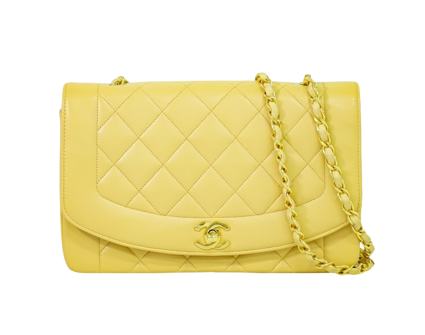 Pre-owned Vintage Chanel Diana CC leather shoulder bag in a yellow colour & gold-tone hardware