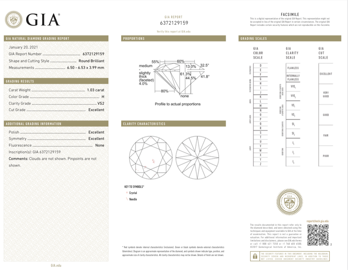 1.03 carat H color Round-cut VS2 clarity diamond