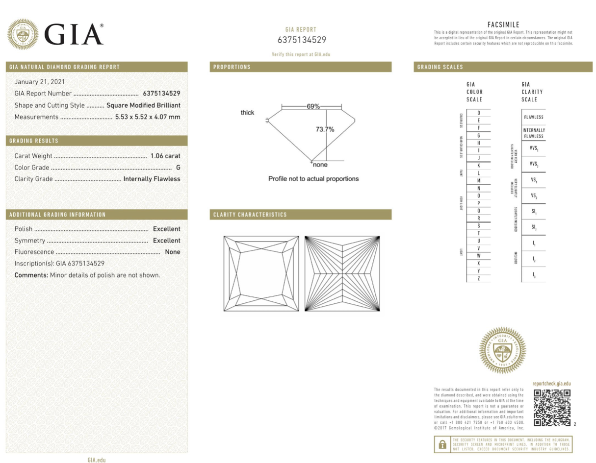 1.06 carat G color Princess-cut IF clarity diamond