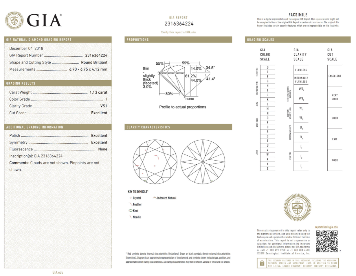 1.13 carat I color Round-cut VS1 clarity diamond