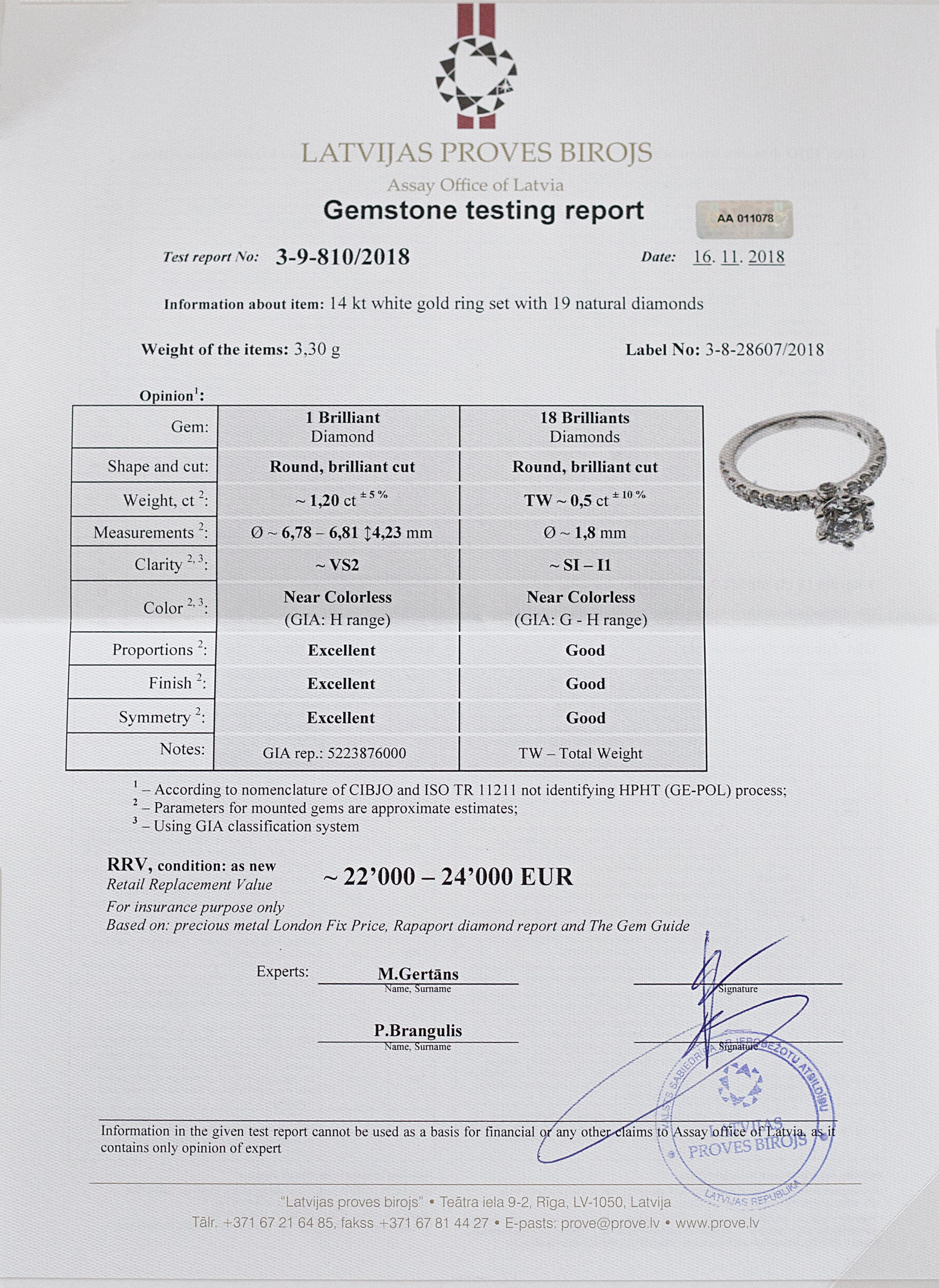 Diamante de talla redonda de 1,20 quilates con certificación GIA en montura de oro blanco de 18 quilates