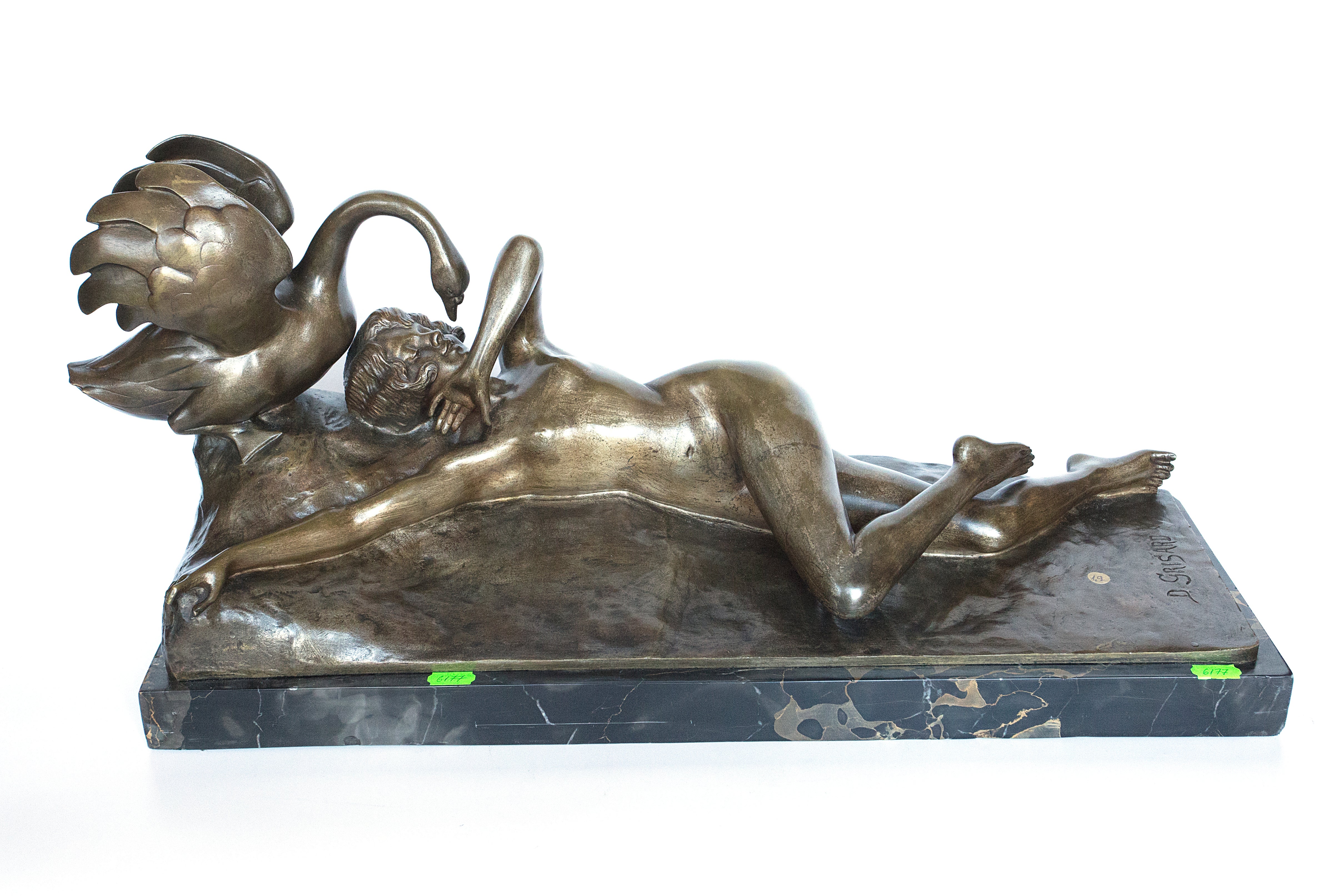 Art Deco bronze figure by Henri- Desire Grisard of “Leda and the swan” on a marble base