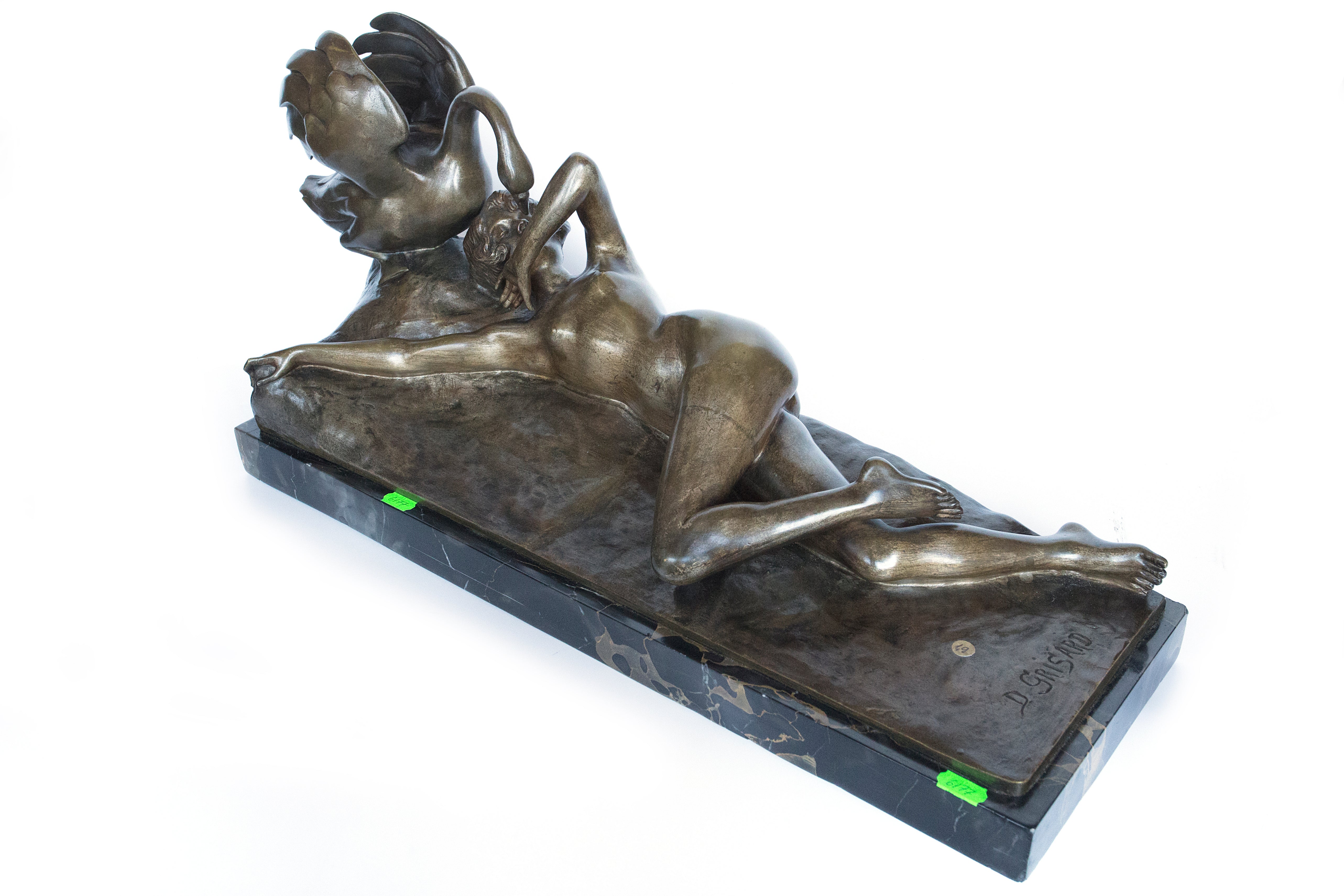 Art Deco bronze figure by Henri- Desire Grisard of “Leda and the swan” on a marble base