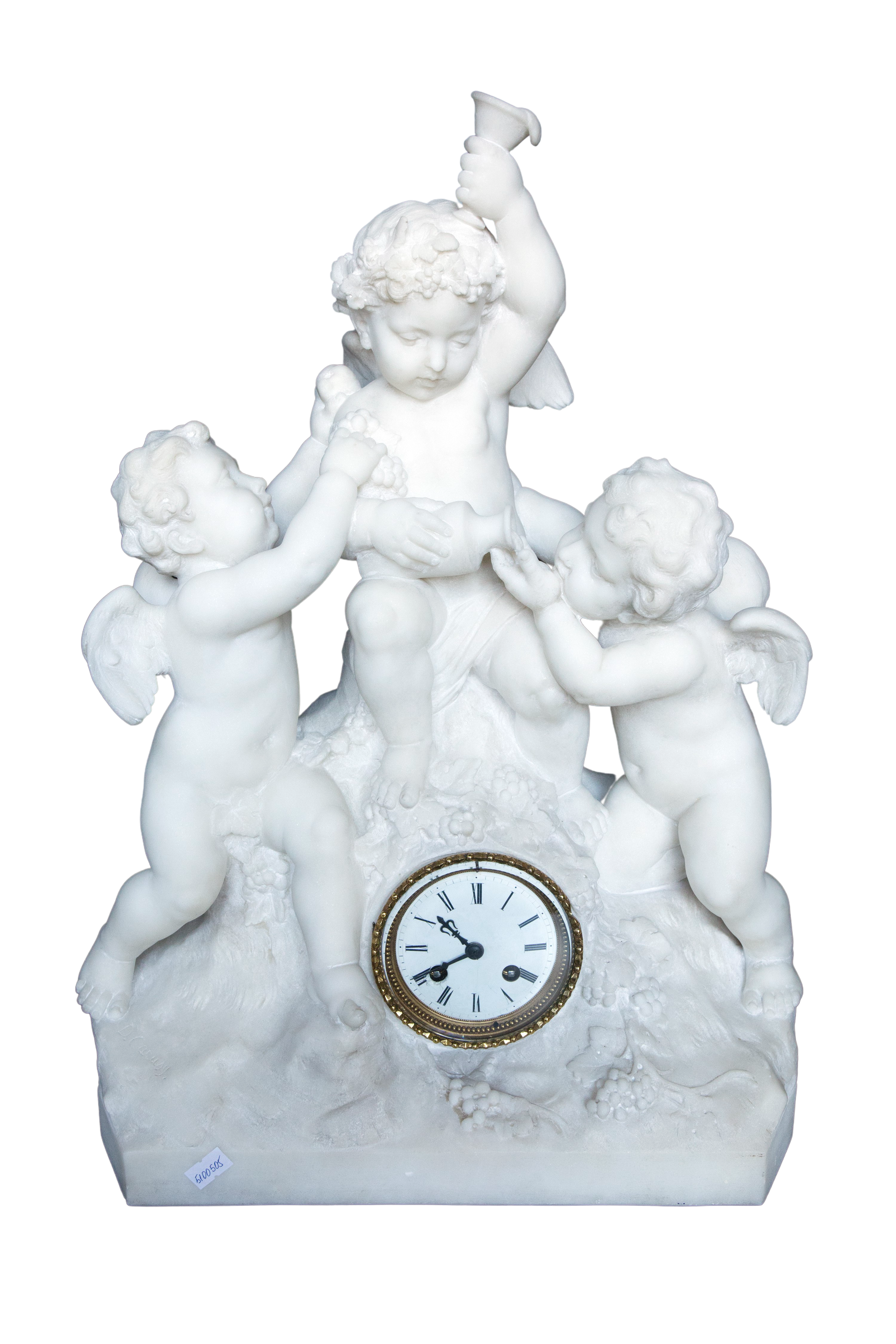 Carrara marble clock made in a shape of a sculpture depicting angels